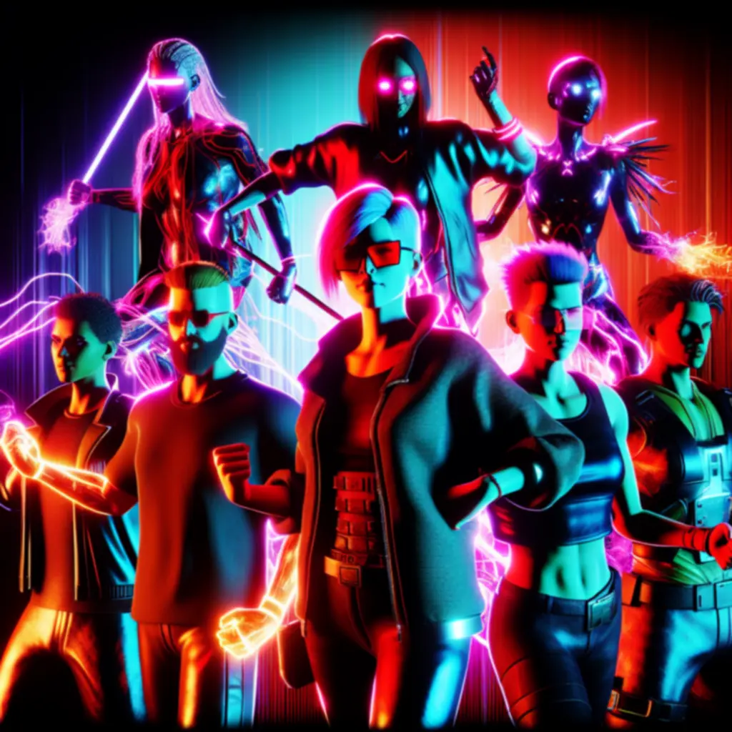 Dynamiczny kolaż agentów Valorant w neonowej stylistyce