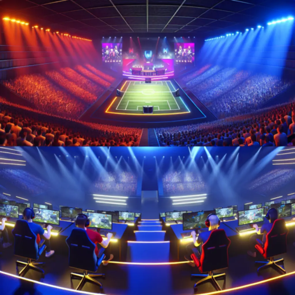 Scena turniejowa Valorant z publicznością i neonową oprawą
