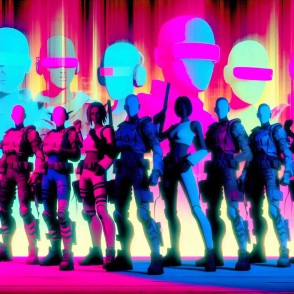 Fan art zespołowy agentów Valorant w neonowej stylistyce