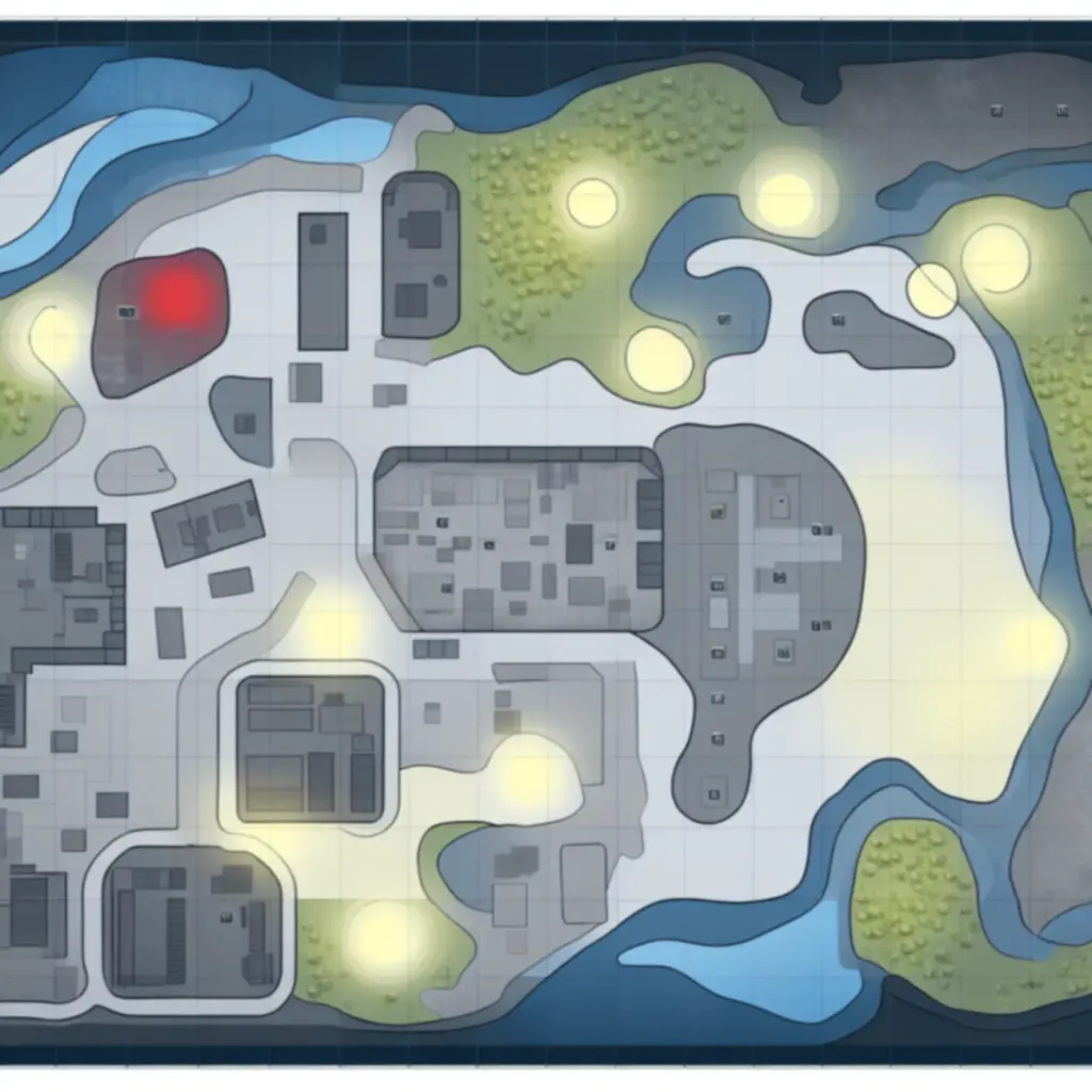 Widok taktyczny mapy z zaznaczonymi choke pointami i strefami kontroli